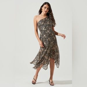 NWT ASTR Santorini Floral One Shoulder Midi Dress - BLACK-IVORY FLORAL